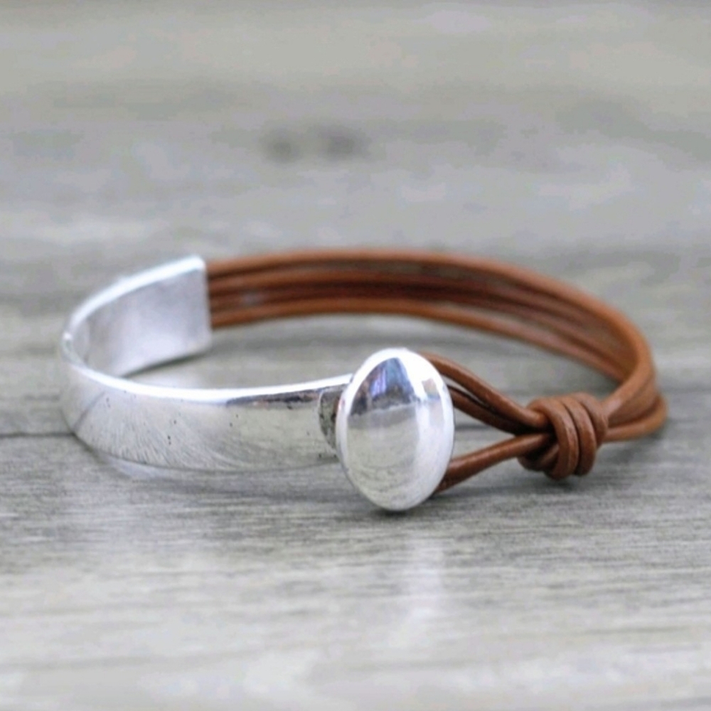 Silver and Brown Leather  Bracelet